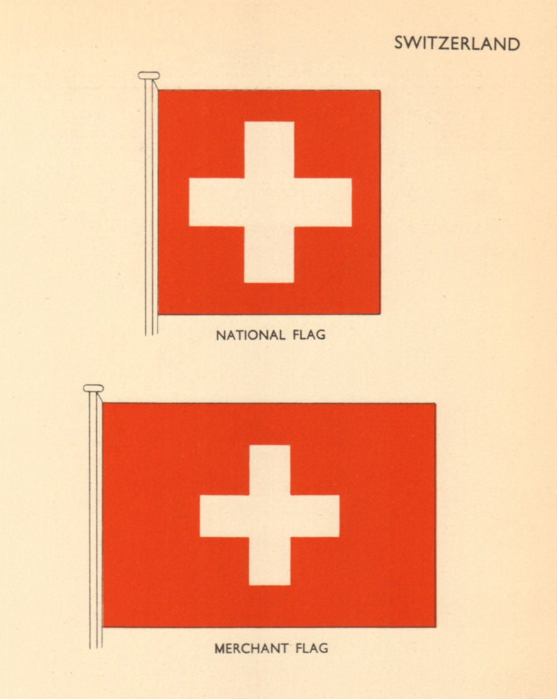 SWITZERLAND FLAGS. National Flag, Merchant Flag 1955 old vintage print picture
